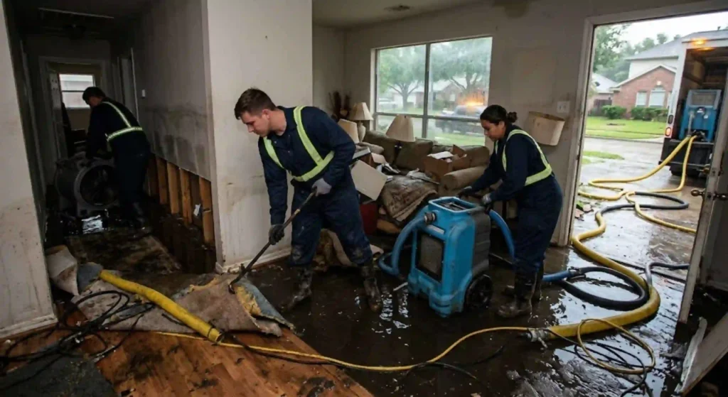 Emergency water damage restoration crew responding to flood damage in Houston