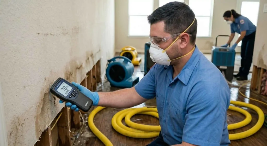 Technician using moisture detection equipment during Houston restoration project