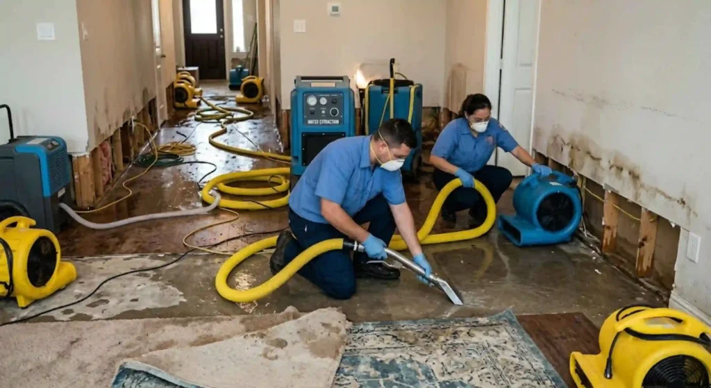 Water extraction and structural drying process inside Houston home