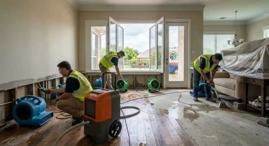 Emergency water damage restoration team working in Houston