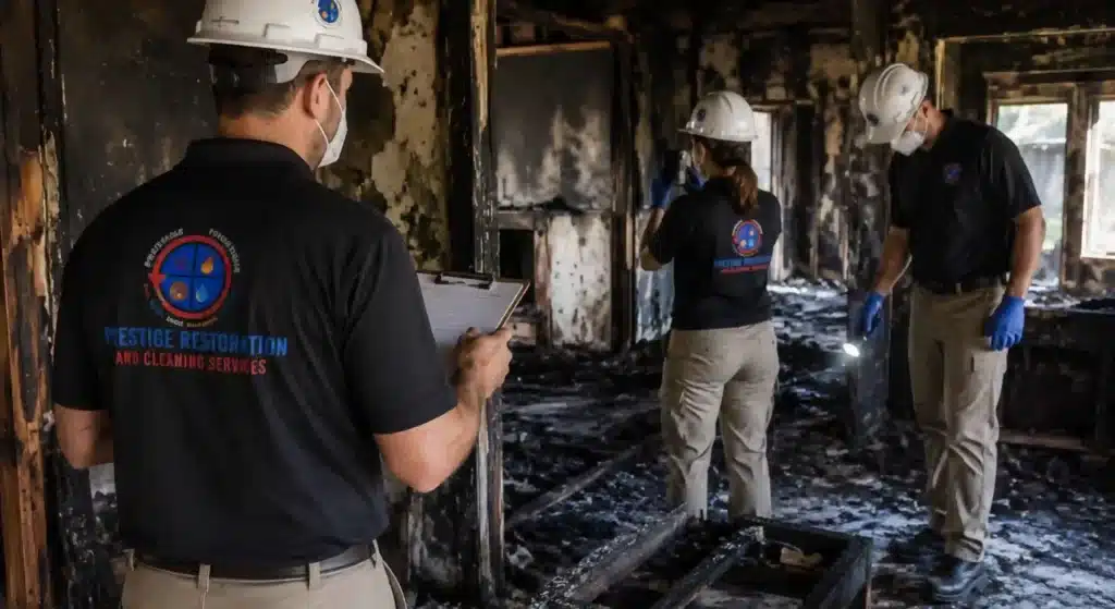 Fire damage restoration professionals inspecting a Houston home