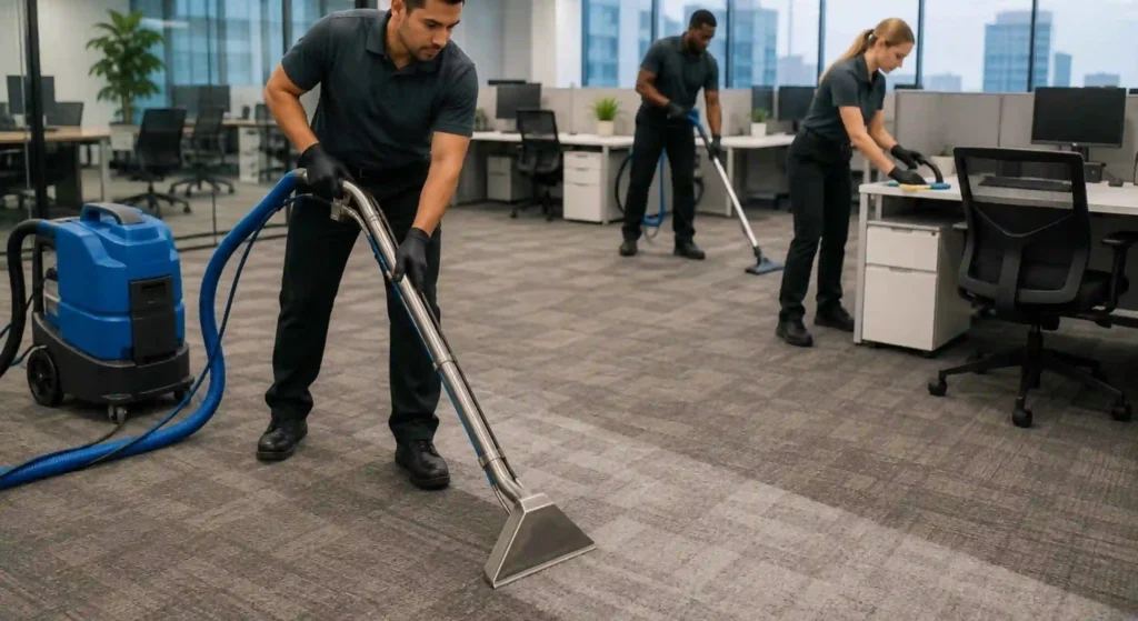 Commercial carpet cleaning service removing dirt from a Houston office