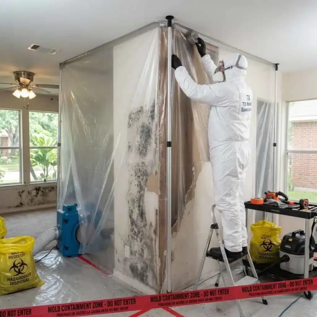 Professional mold containment during mold removal in a Houston home