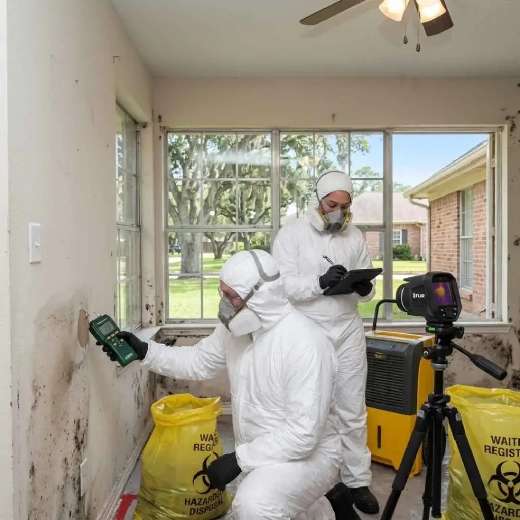 Professional mold removal technician inspecting a Houston home