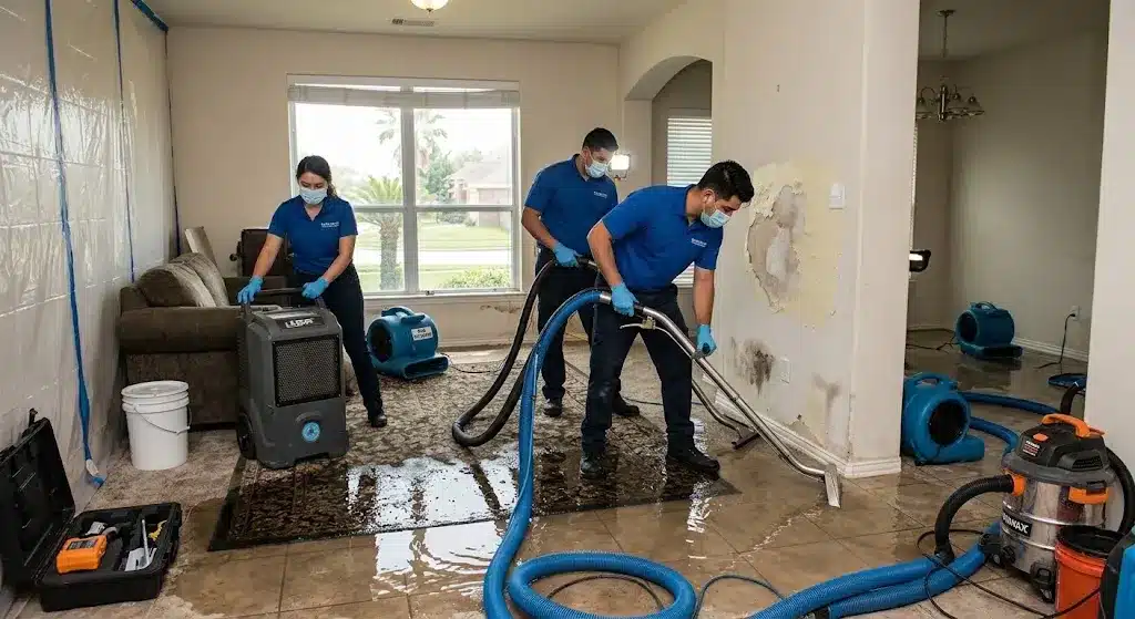 Professional water extraction during water damage repair in Houston