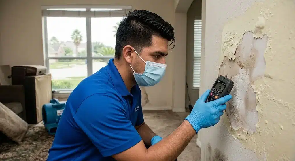 Water damage repair professional inspecting a Houston home