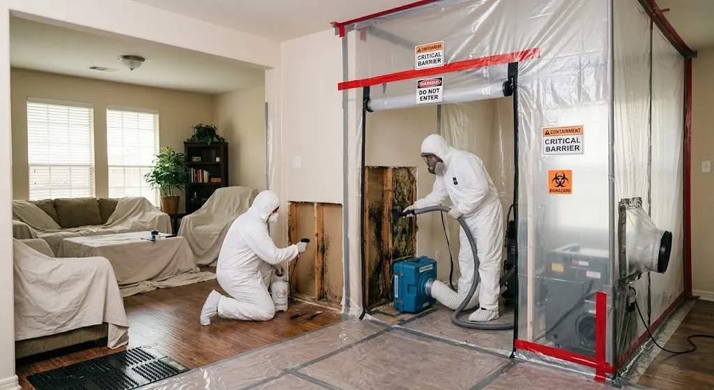 Houston mold remediation technicians containing a mold-affected room after water damage