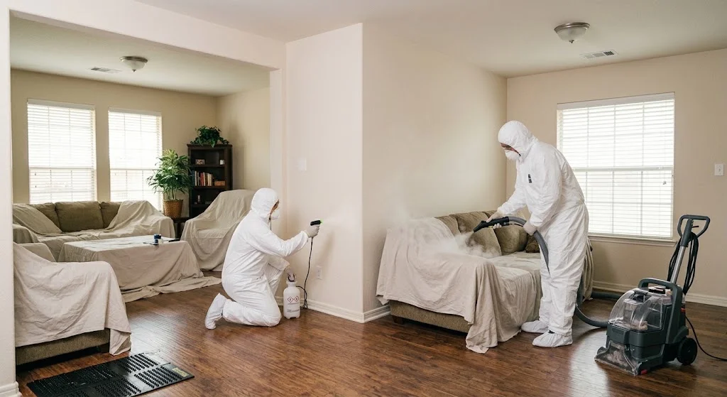 Mold remediation professionals cleaning and restoring a Houston residential interior