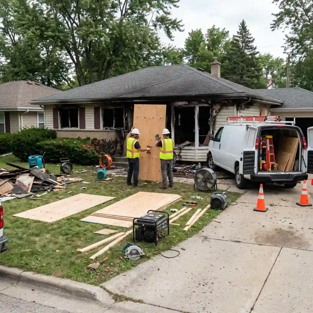 Emergency board-up protecting an Atascocita property after Fire Damage
